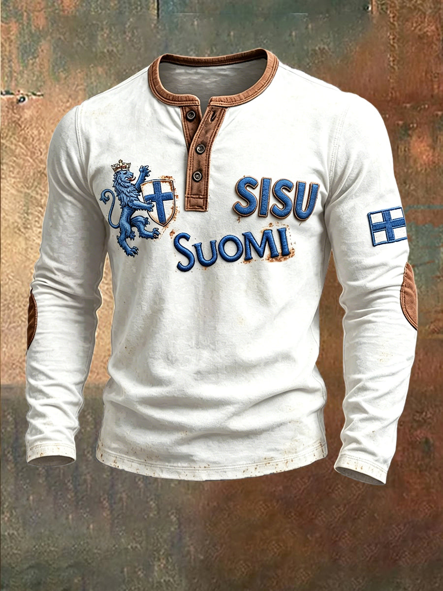 Miesten suomalainen Sisu 3D-painettu rento valkoinen Henley-huppari