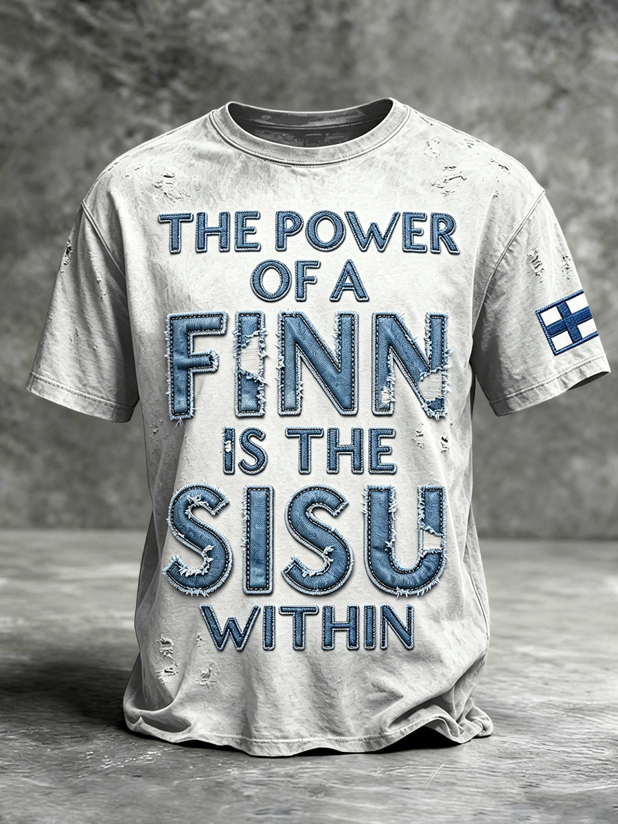 Miesten vaaleanharmaa suomalainen 3D-tekstipainokka casual-t-paita