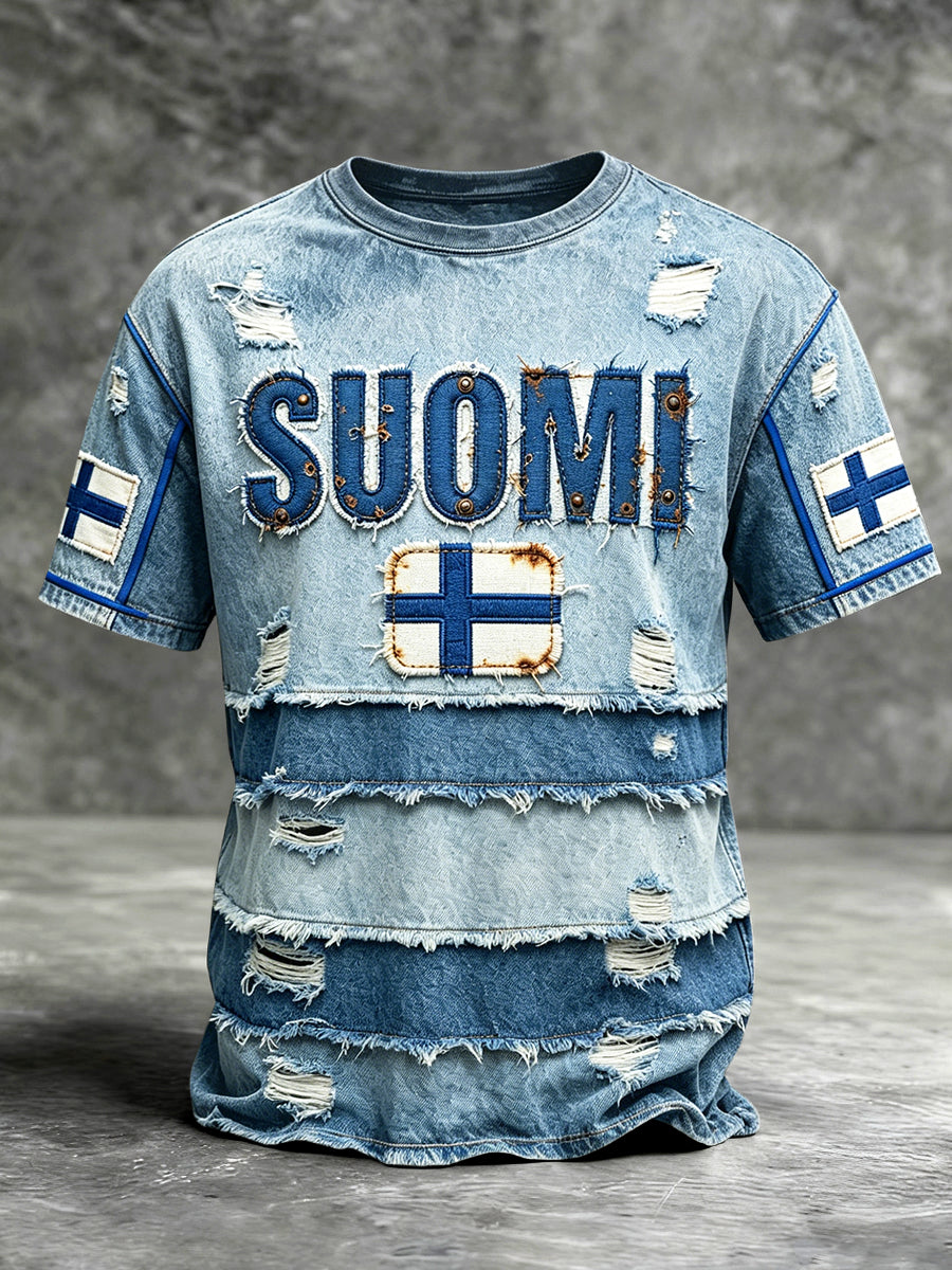 Miesten suomalainen Suomi farkkupatchwork-painokuvioinen rento t-paita