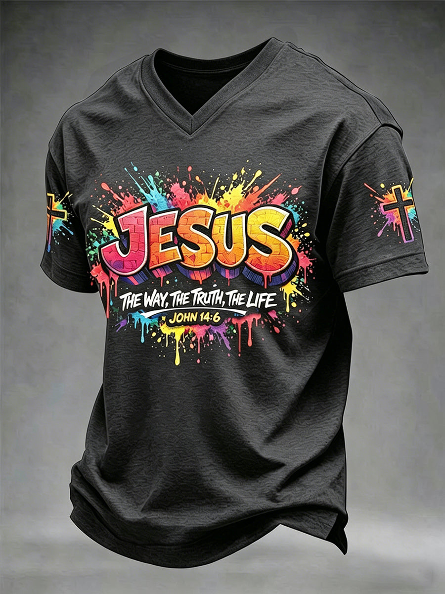 Miesten Christian Jeesus Cross Short Sleeve V-kaula T-paita