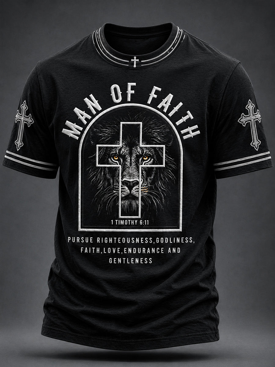 Heren-T-shirt met korte mouwen voor christelijke mannen, met leeuw en kruis