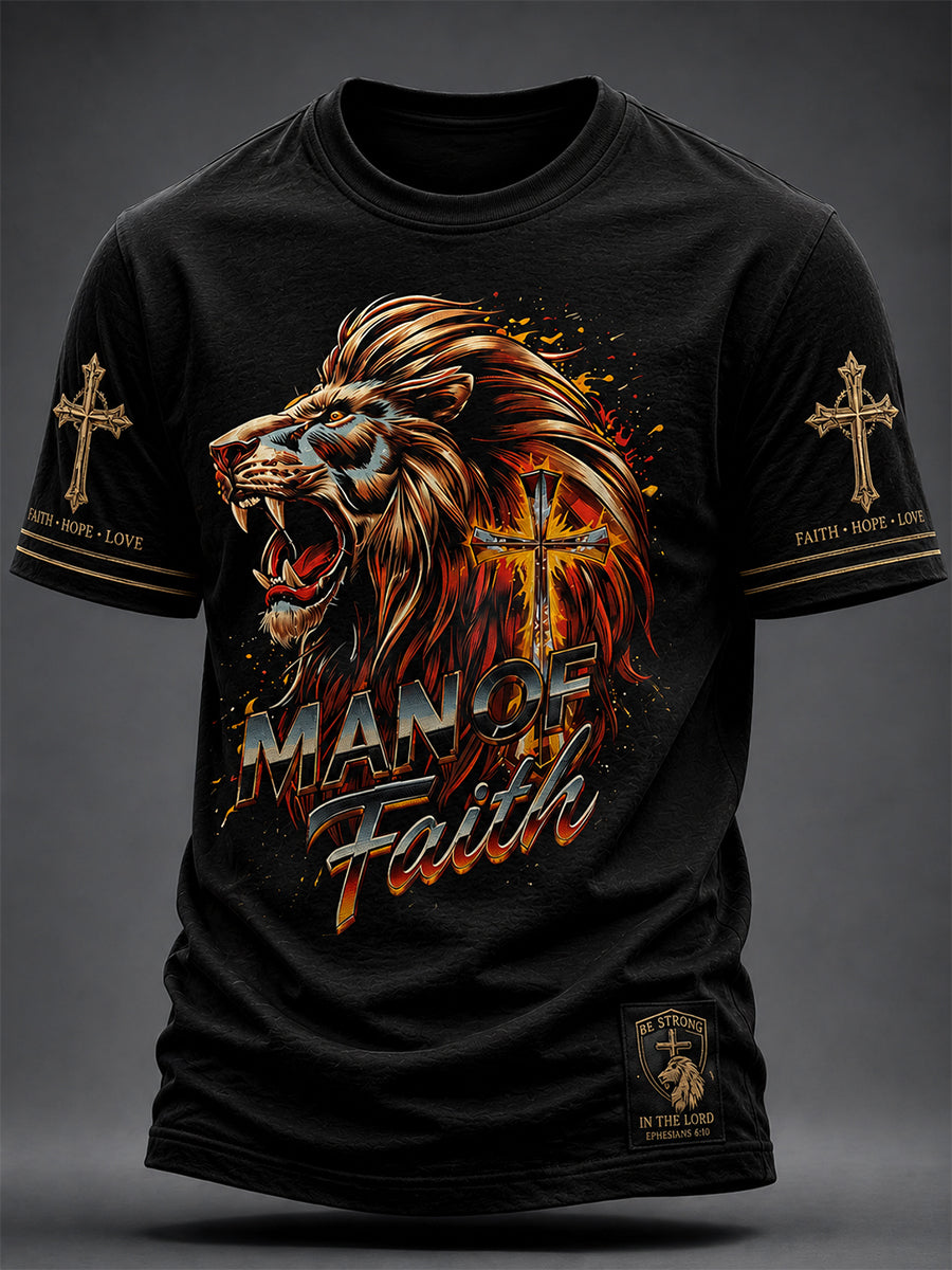 Christian Man of Faith Lion en Cross T-shirt met korte mouwen voor heren