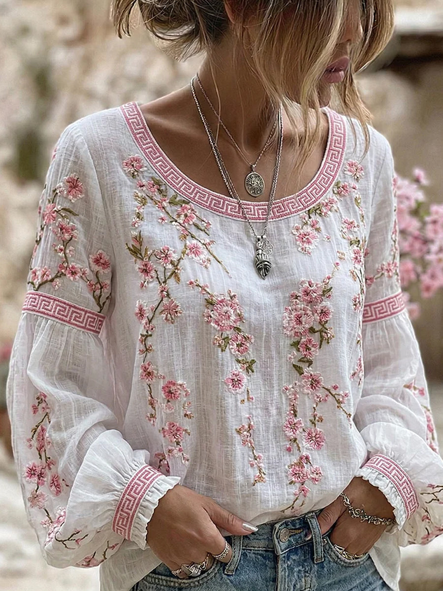 Naisten Vintage-tyyli Casual Puuvilla-Linen Top koruommella kukka ja painettu patchworks