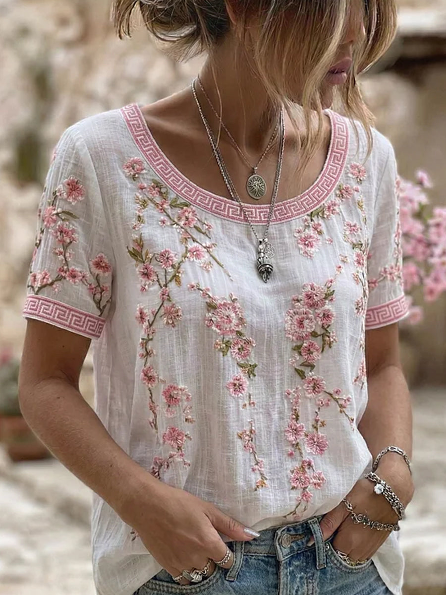 Retro Kukkataide Print Casual Puuvilla-Linen T-paia