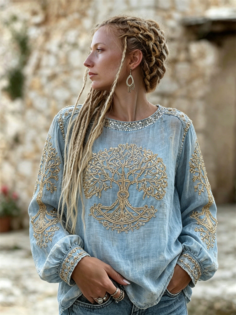 Naisten luokitus Vintage Viking puu elämän Glitter Print Puuvilla-Linen-paita