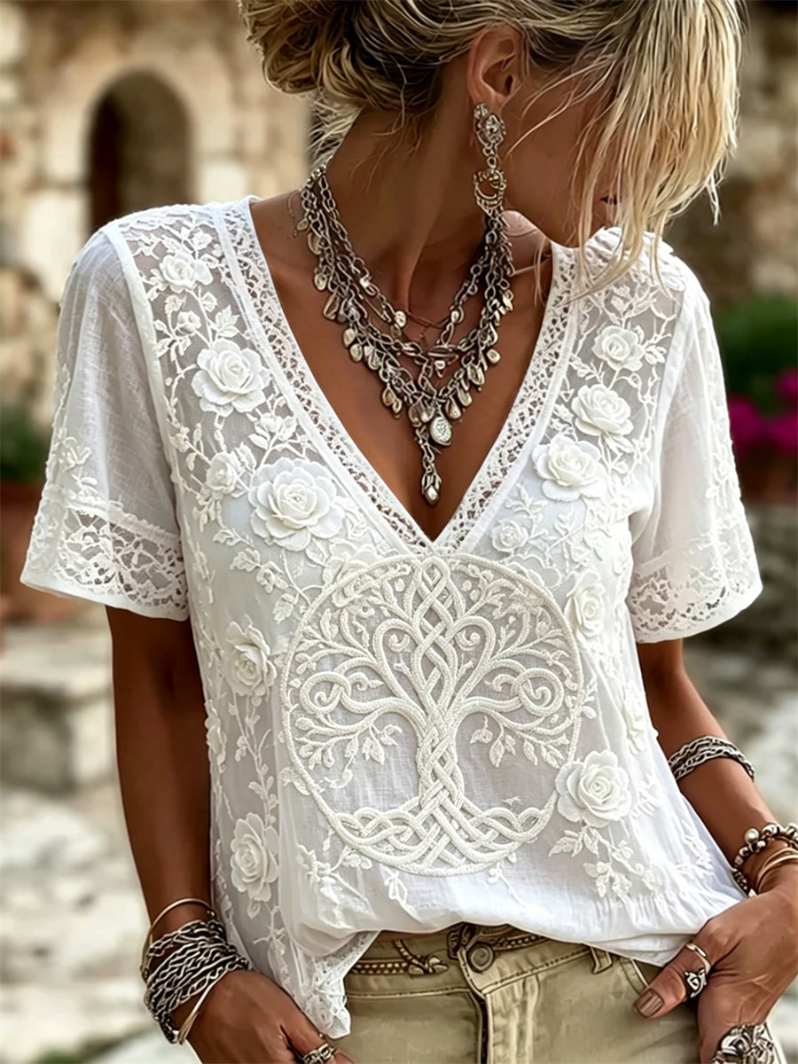 Naisten Viking Tree of Life Classy Ruusut Kukka Tulosta pellavat lyhythihihainen T-paito