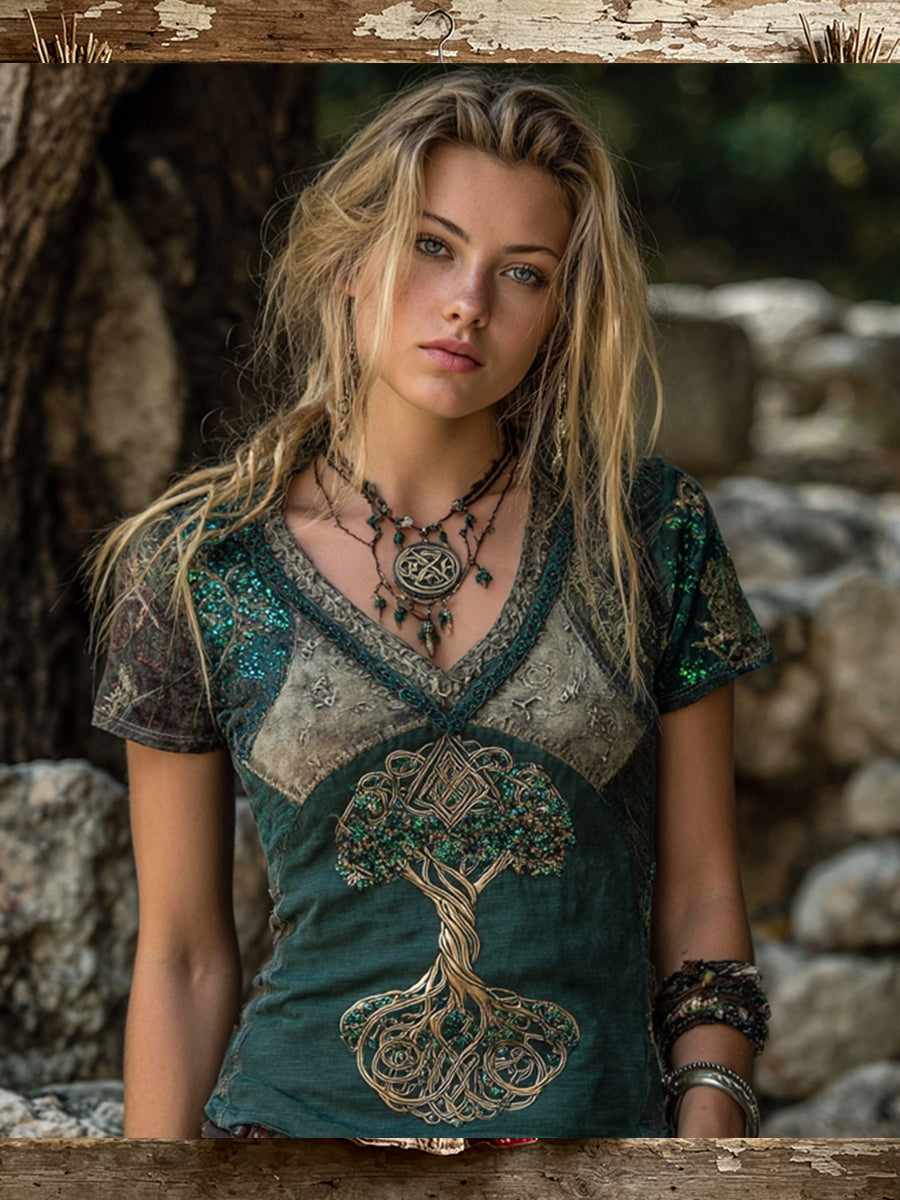 Naisten Vintage Viking Tree Life Celtic Print Short-sleeved T-paito