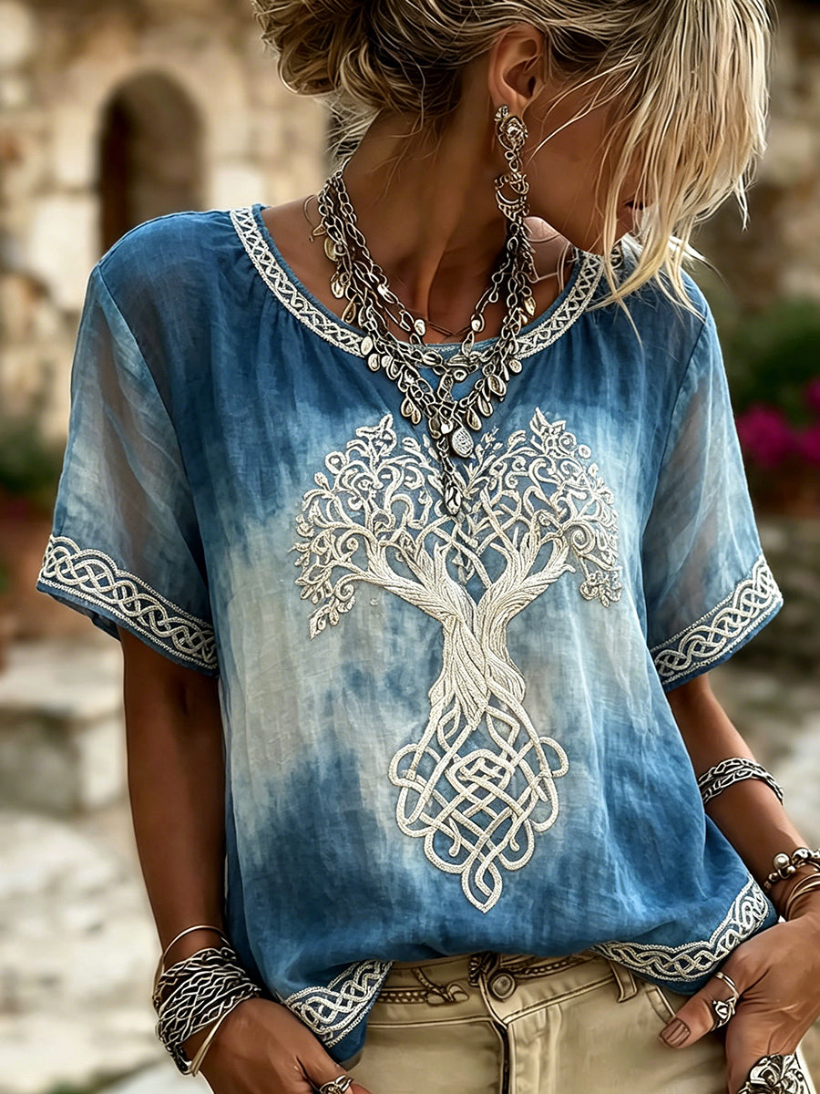 Naisten Vintage Viking Tree Life Celtic Print Gradient Linen lyhythihihainen T-paito
