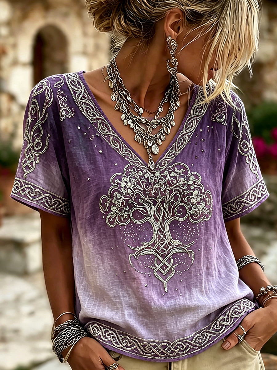 Naisten Classy Viking Tree of Life Celtic Print Linen Lyhyhkäinen T-paito
