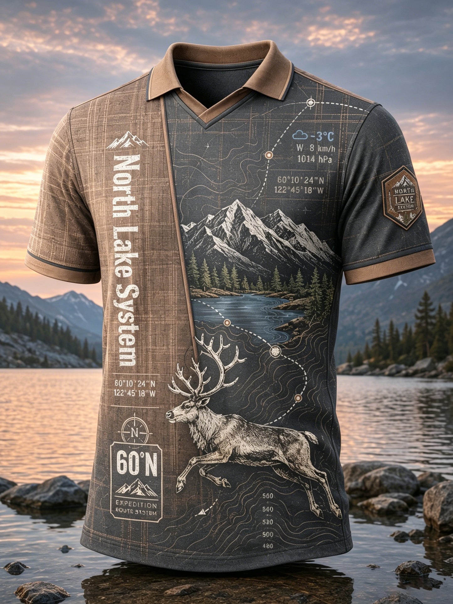 Miesten Suomen järvi Contour Line jää poro Element Art Print V-Neck Toppi