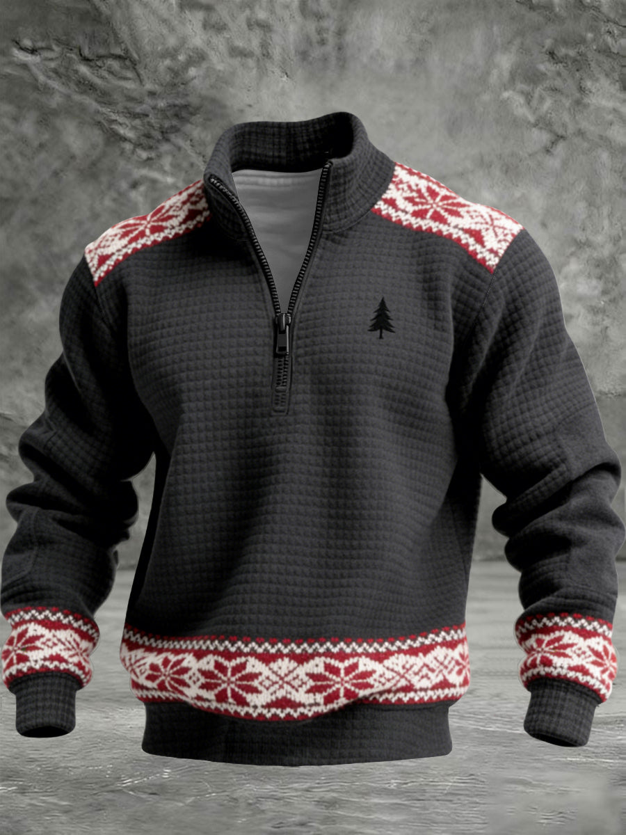 Miesten Cozy Musta Pohjoismainen lumihiutale & Pine Tree Quarter-Zip Sweatshirt