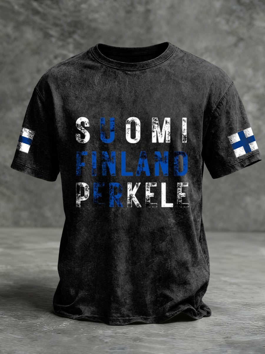 Miesten rohkea musta "SUOMI FINLAND PERKELE" Graafinen T-paiti
