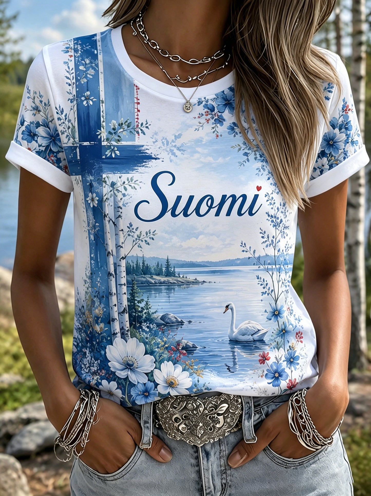Naisten suomalainen juhannusfestivaali Muistotaide Print T-paito