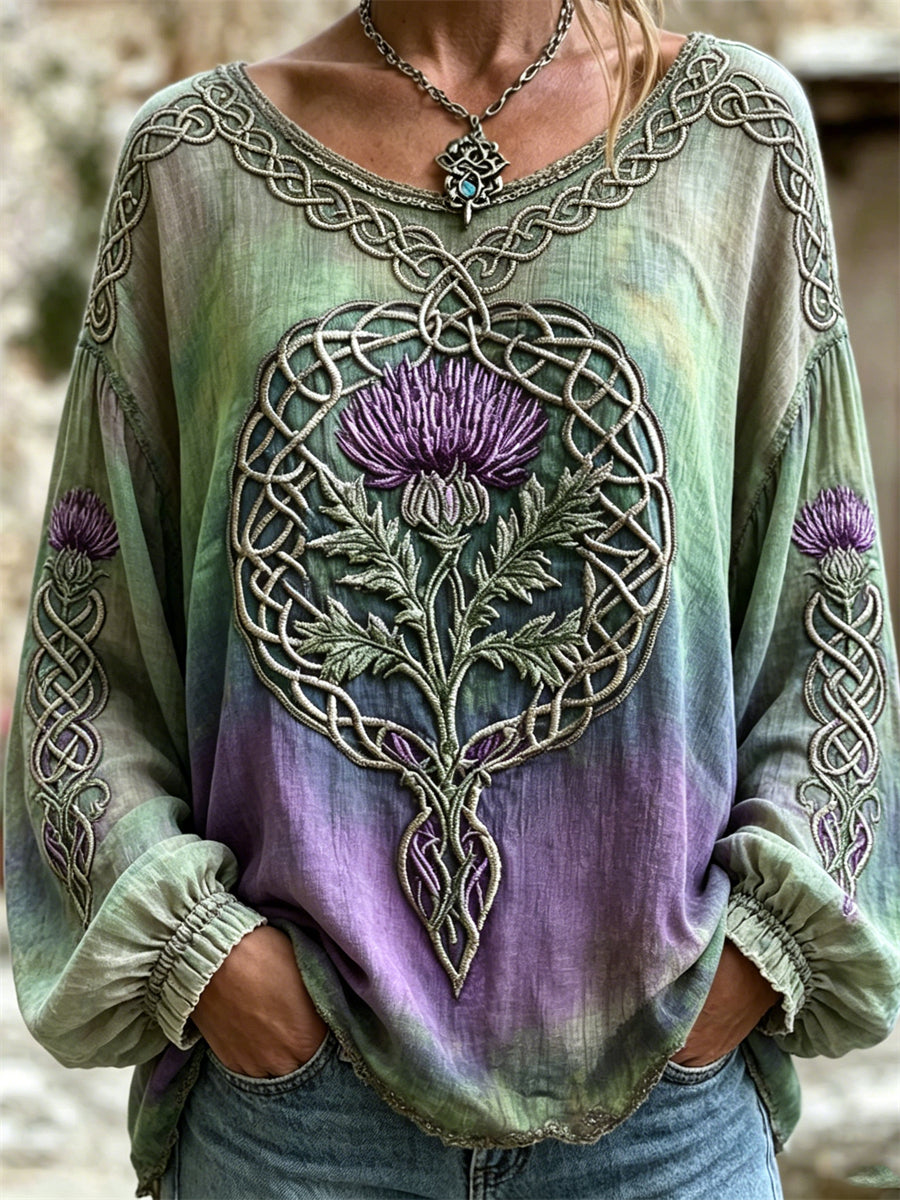 Naisten Vintage Thistle kelttinen solmu tulostaa gradient puuvilla-Linen-paita