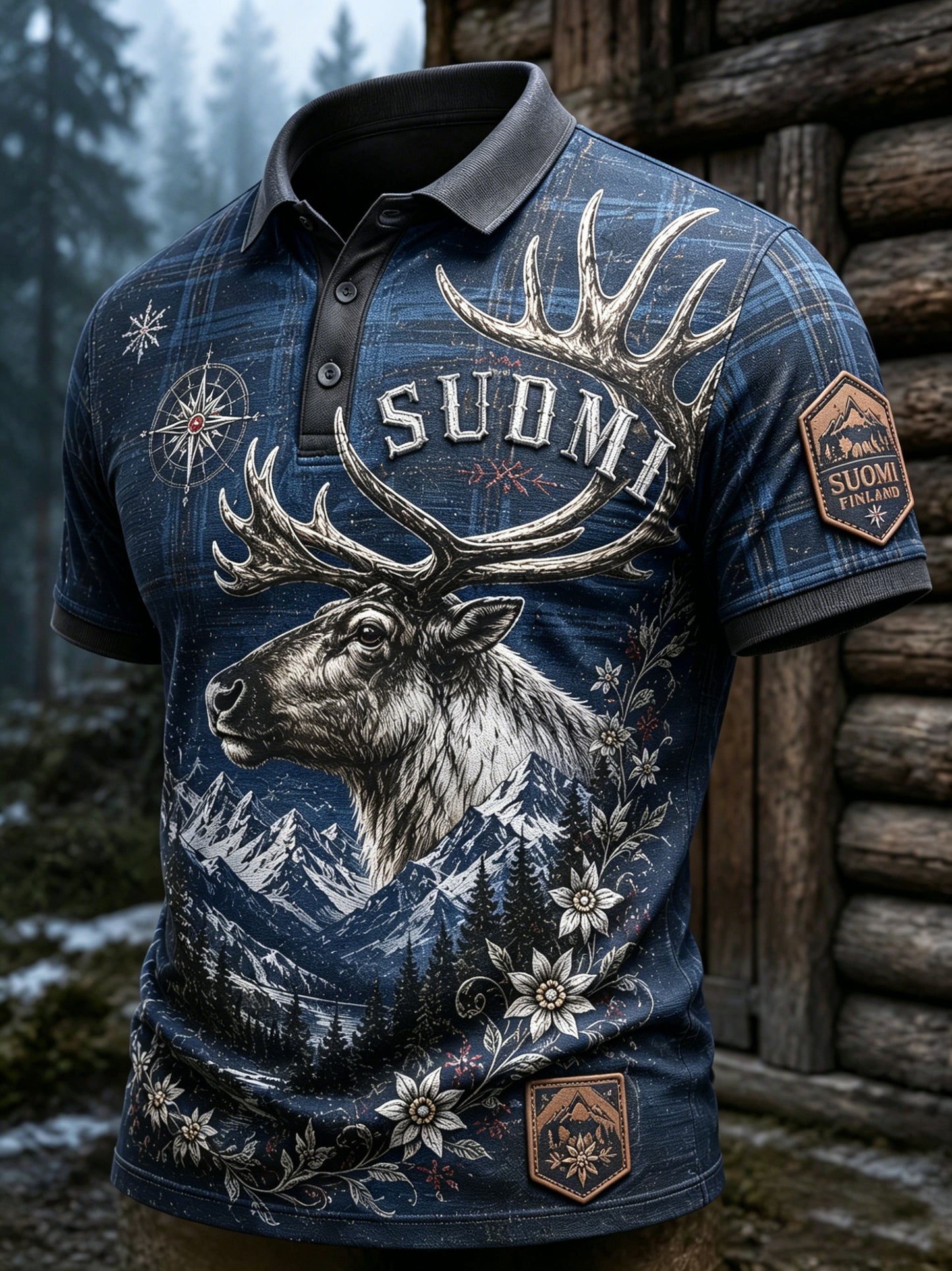 Miesten suomalainen poro-teema-taide Print Polo-paita