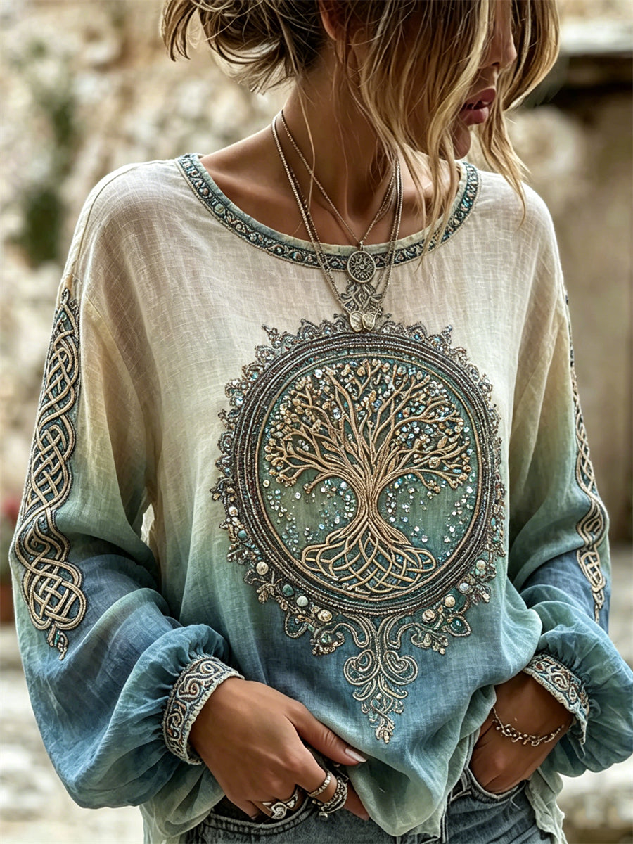 Naisten tyylikäs elämän puu Viking Celtic Print Gradient Puuvilla-Linen-paita