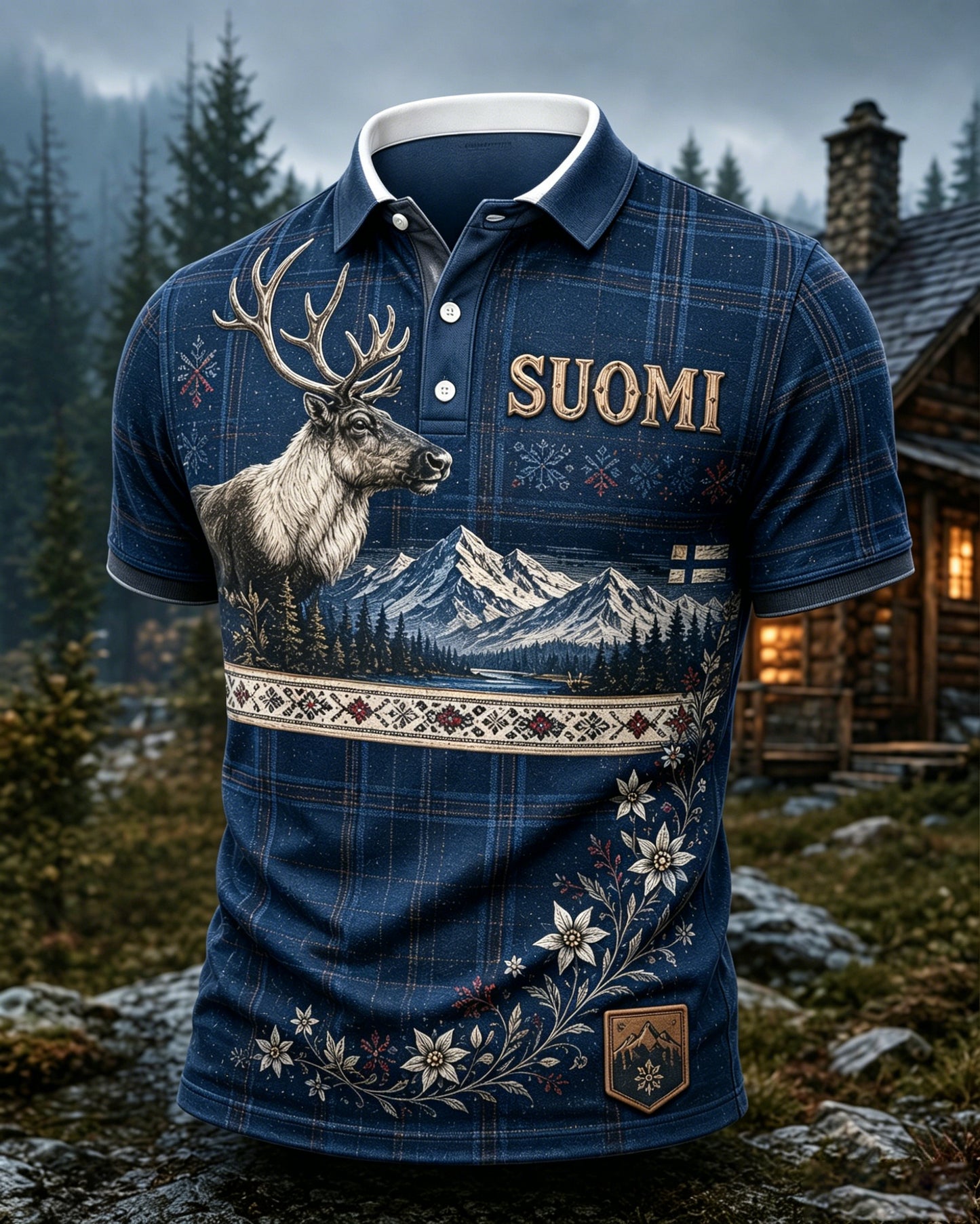 Miesten suomalainen arktinen poro-elementti taidepainatus polopaita