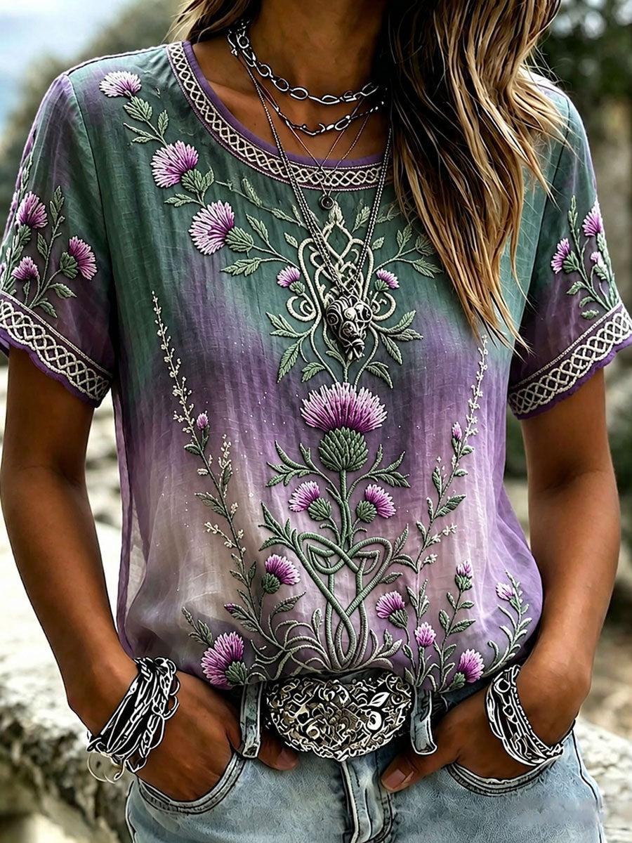 Naisten Vintage Celtic Scottish Thistle Classy Print Linen lyhythiha T-paita