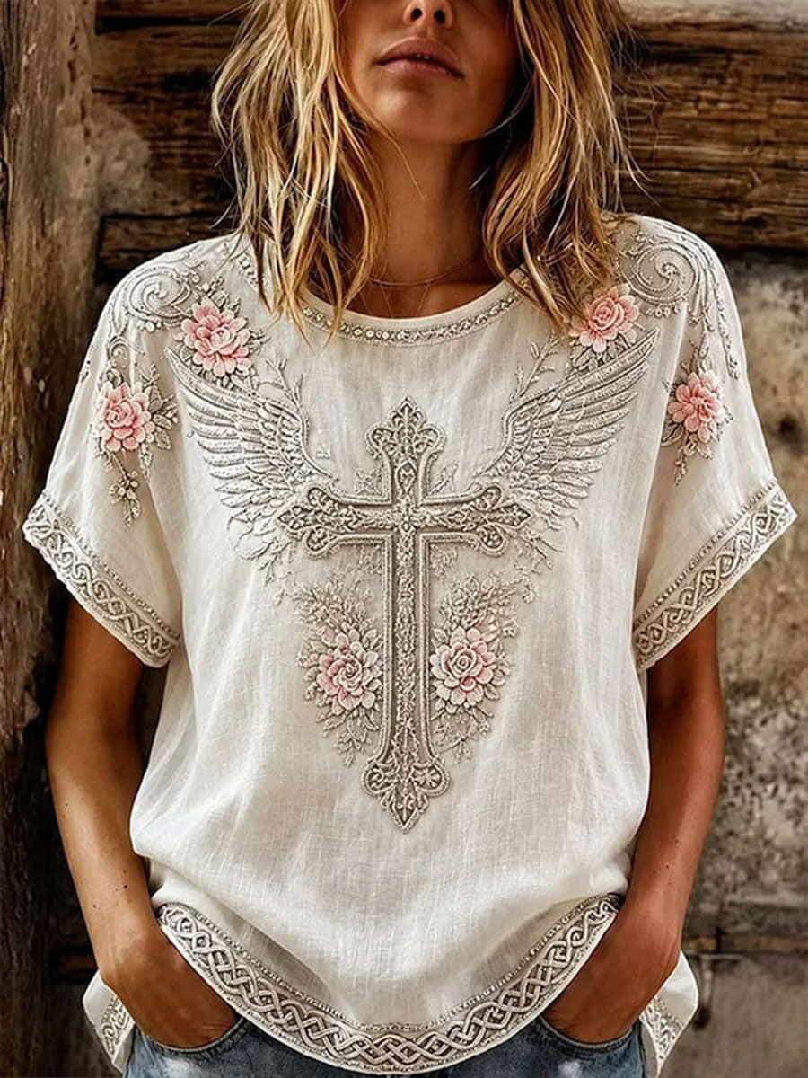 Naisten kukka risti puuvilla-Linen-paita