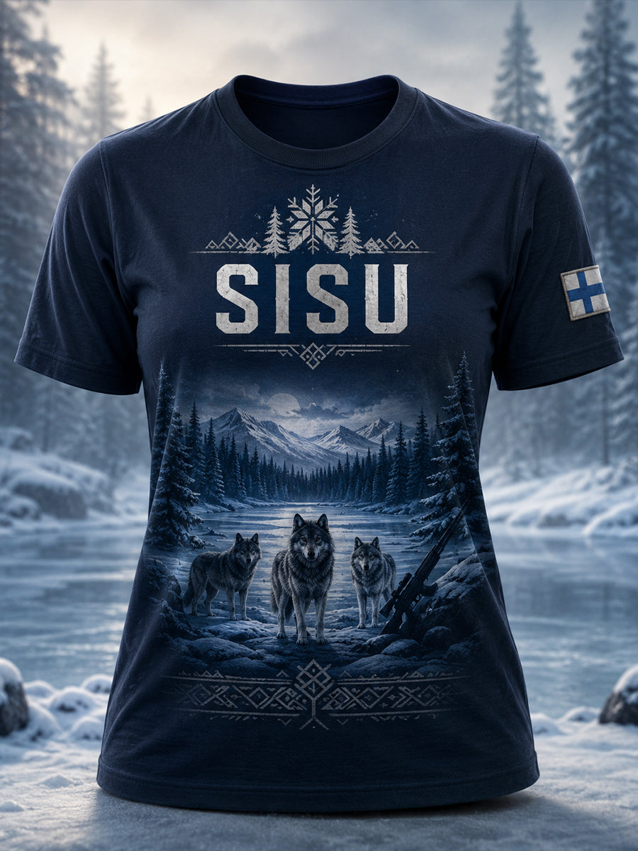 Naisten suomalainen Sisu Veteran Henkiperintö Taide Print T-paiti