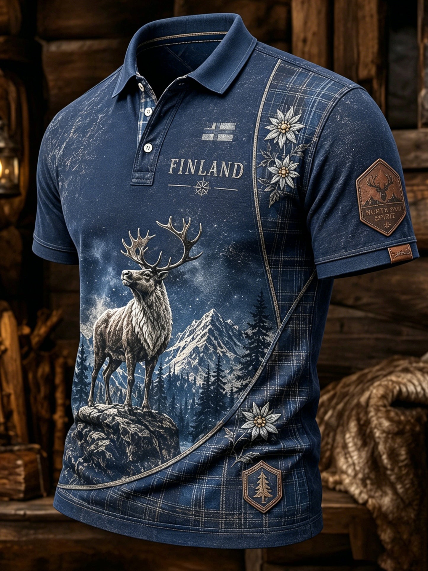Miesten suomalainen arktinen poro-kulttuuri-elementti taidepainatus polopaita