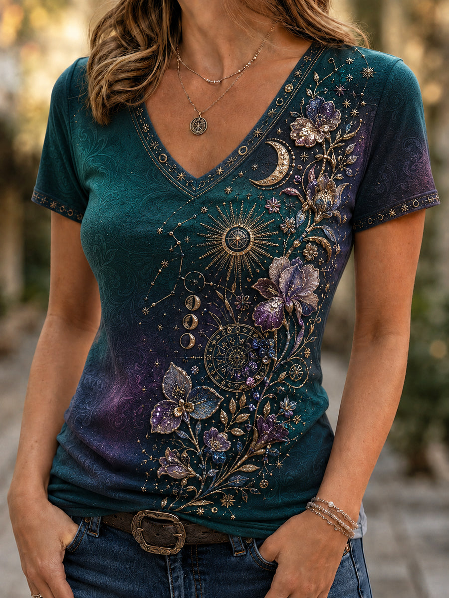 Naisten Retro Zodiac Kukkataiden Casual T-paita