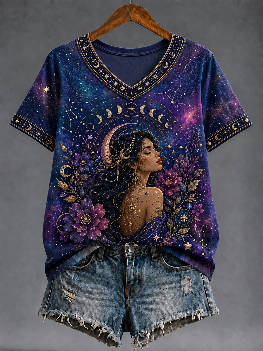 Naisten Retro Zodiac Starry Sky Classic Casual V-kaus T-paita