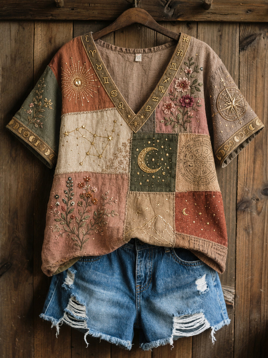 Vintage Art Zodiac Floral patchwork Casual puuvilla-Line T-paito