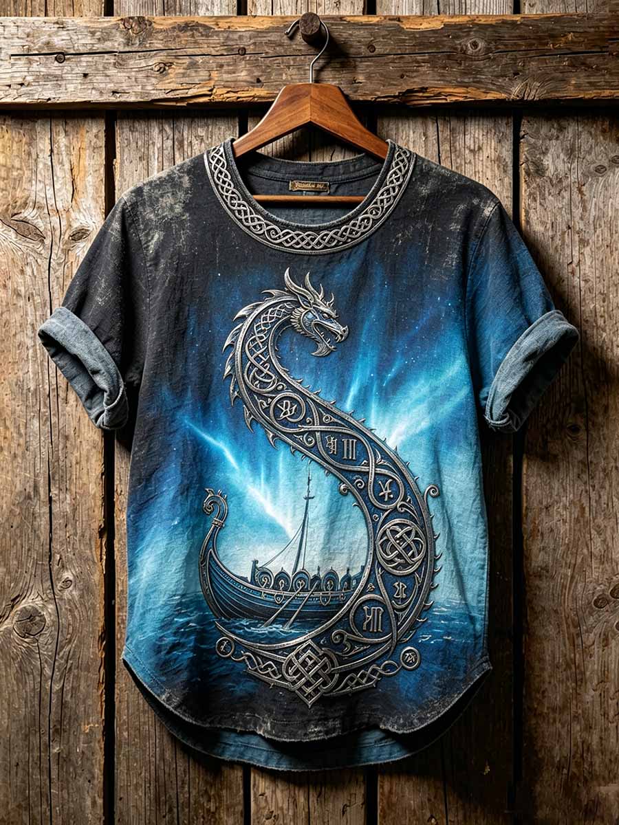 Miesten Vintage Viking Dragon alus kuvio painettu T-paita