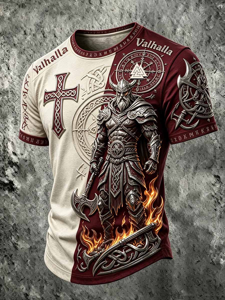 Miesten retro viikinkisoturi-painokuvioinen rento t-paita