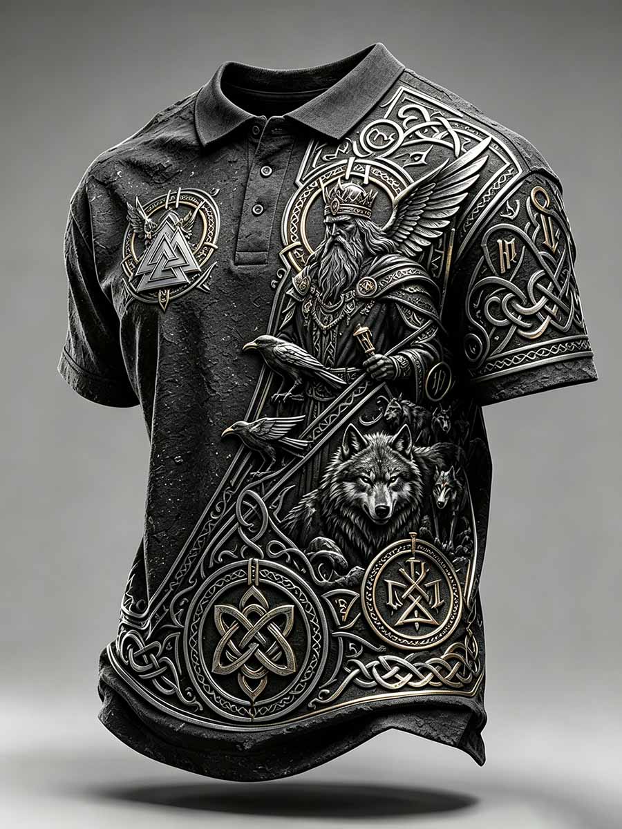 Miesten Vintage Viking Odin Print Casual Polo Paitala