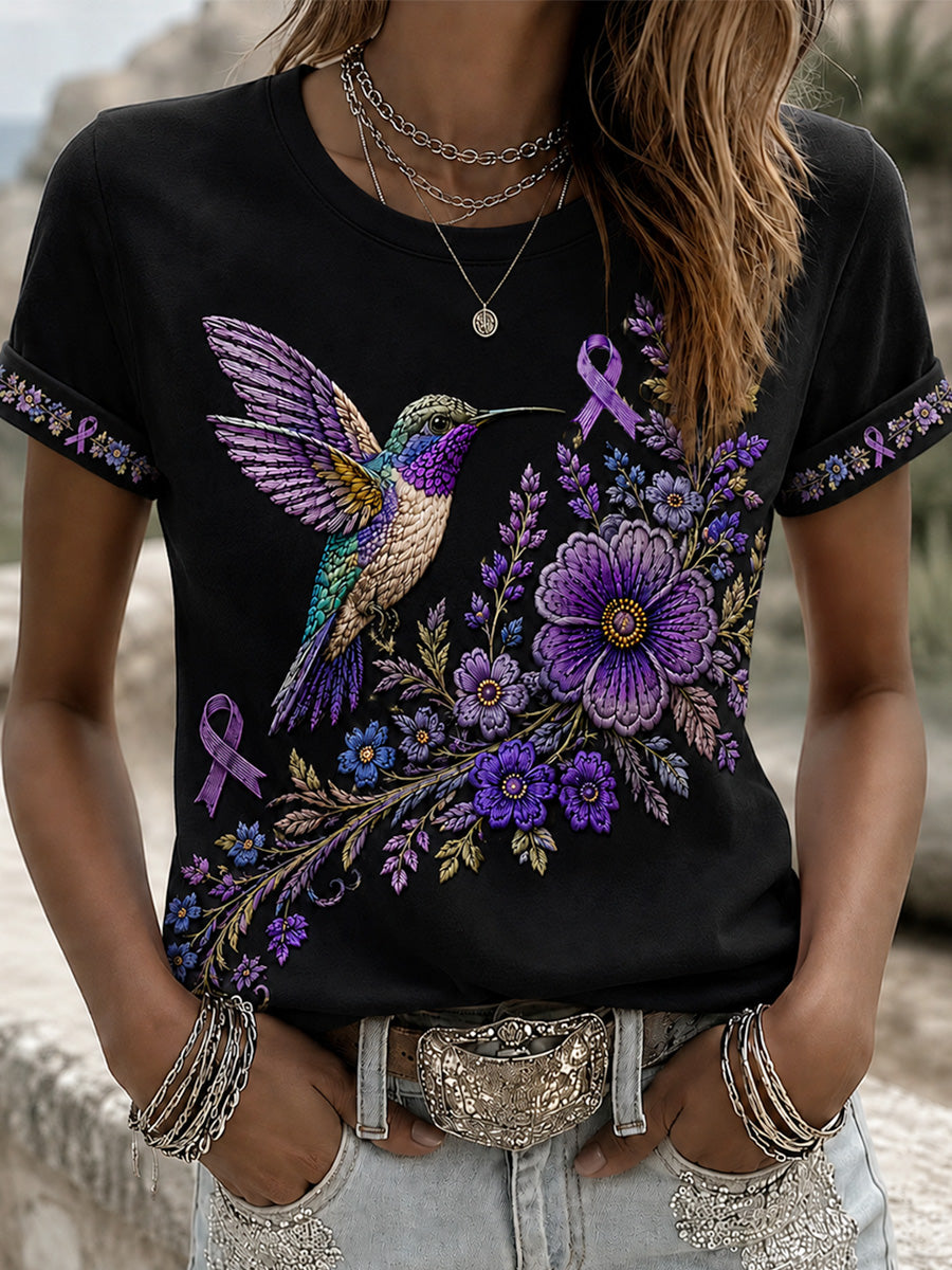 Naisten violetti kukka- ja kolibrinkuosinen Alzheimer-tietoisuutta tukeva t-paita