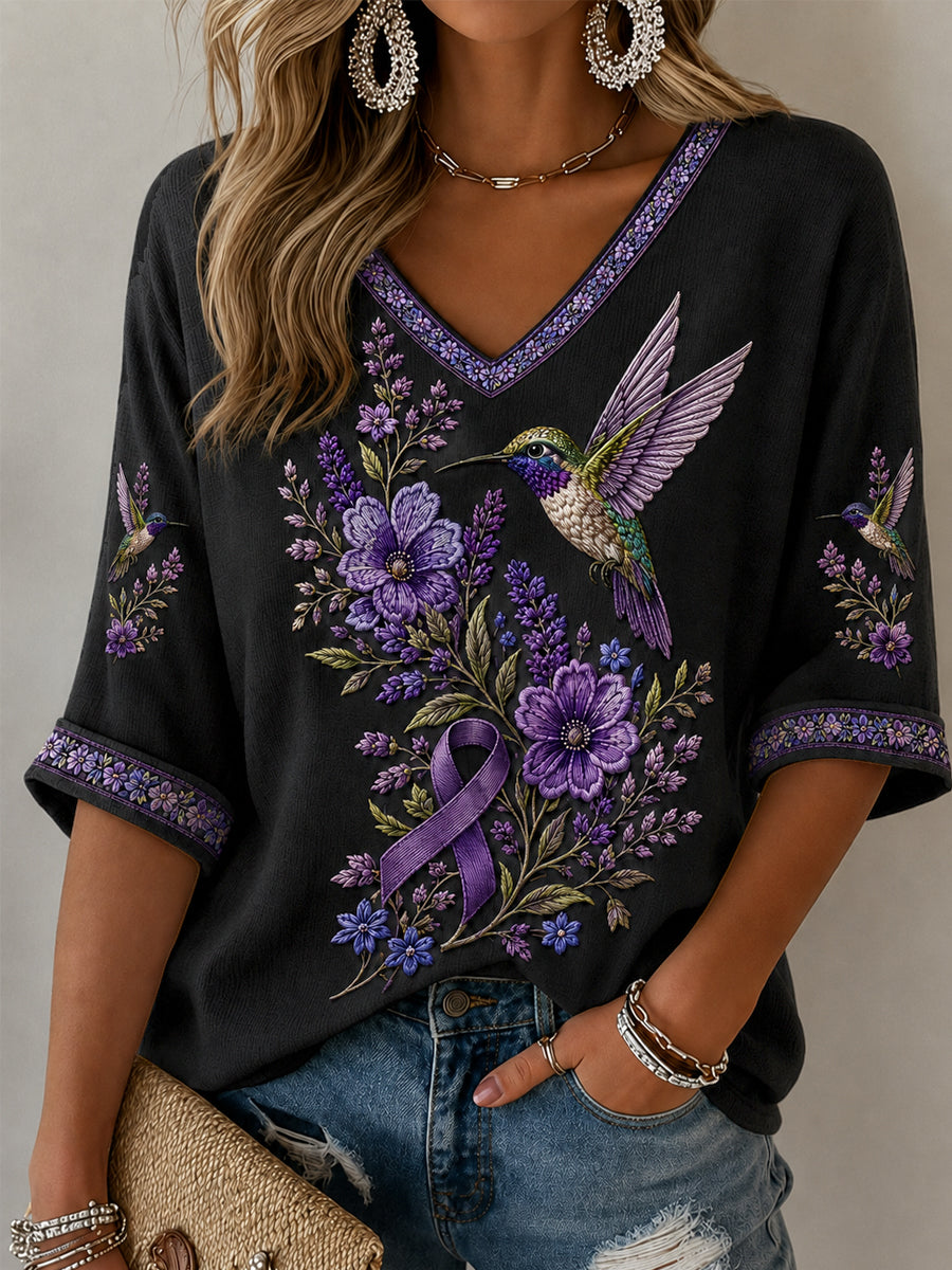 Naisten violetti Kukka & Kolibri Tulosta Alzheimerin tietoisuus Tuki puolihihat V-Neck T Painat