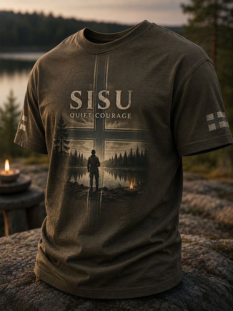 Miesten Sisu-päätös suomalainen vuoristaruhtinaus -painatus rento t-paita