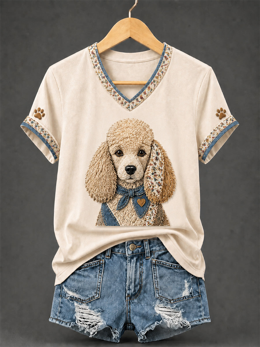 Naisten retro patchwork koira tulostus V-Neck Tee