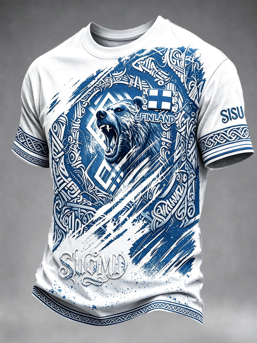 Miesten valkoinen Suomi 'Suomi' Print Casual T-paito