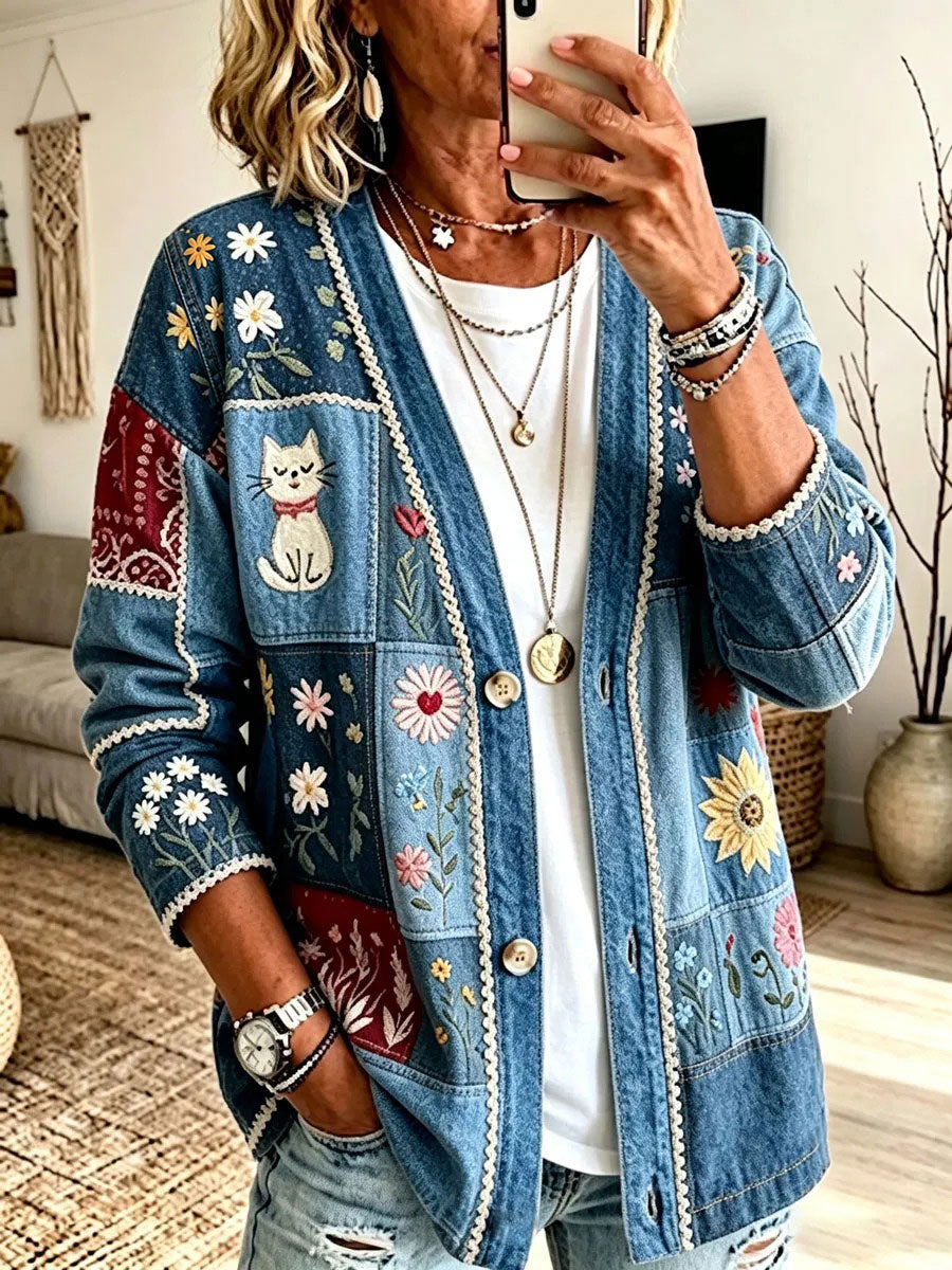 Naisten Cat Art Print Casual Cardigane
