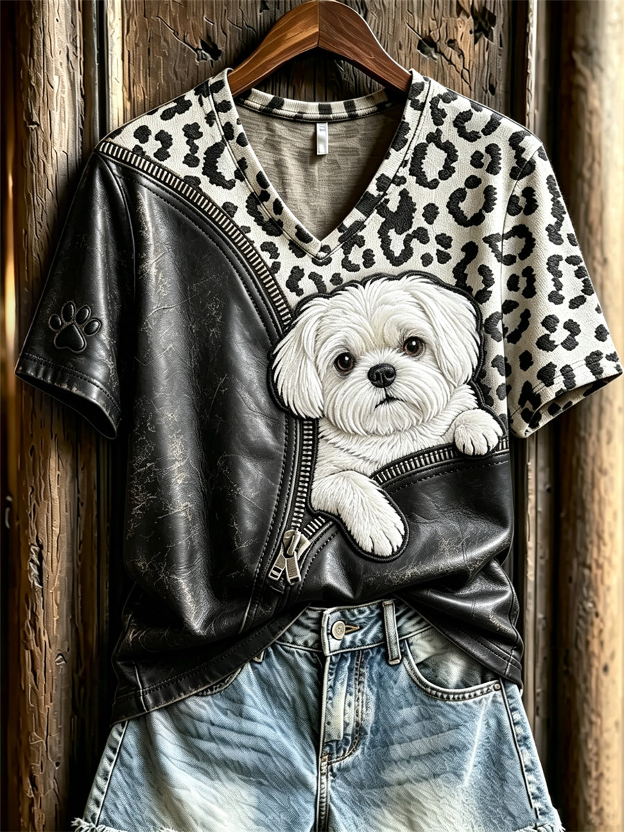 Naisten Peeking Maltese Dog Unzipped Leopard Print Lyhyhkäinen T-paito