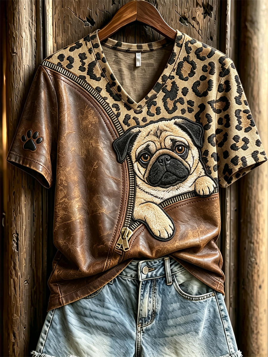 Naisten Peeking Pug Dog Unzipped Leopard Print lyhythiha T-paita