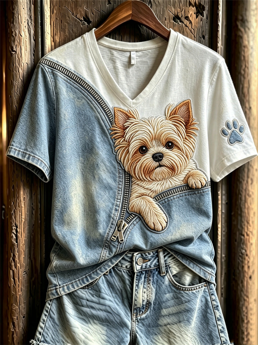Naisten Peeking Yorkshire Terrierikoira Unzipped Denim Print