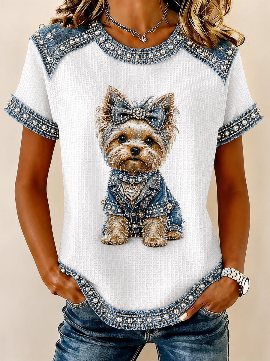 Naisten Denim Patchwork koira tulostaa vohveli Casual Tee