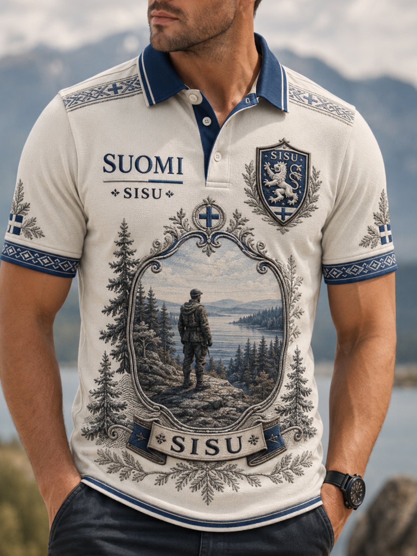 Miesten Sisu-poloartistillisella painatuksella, joka perii suomalaisten veteraanien henkeä