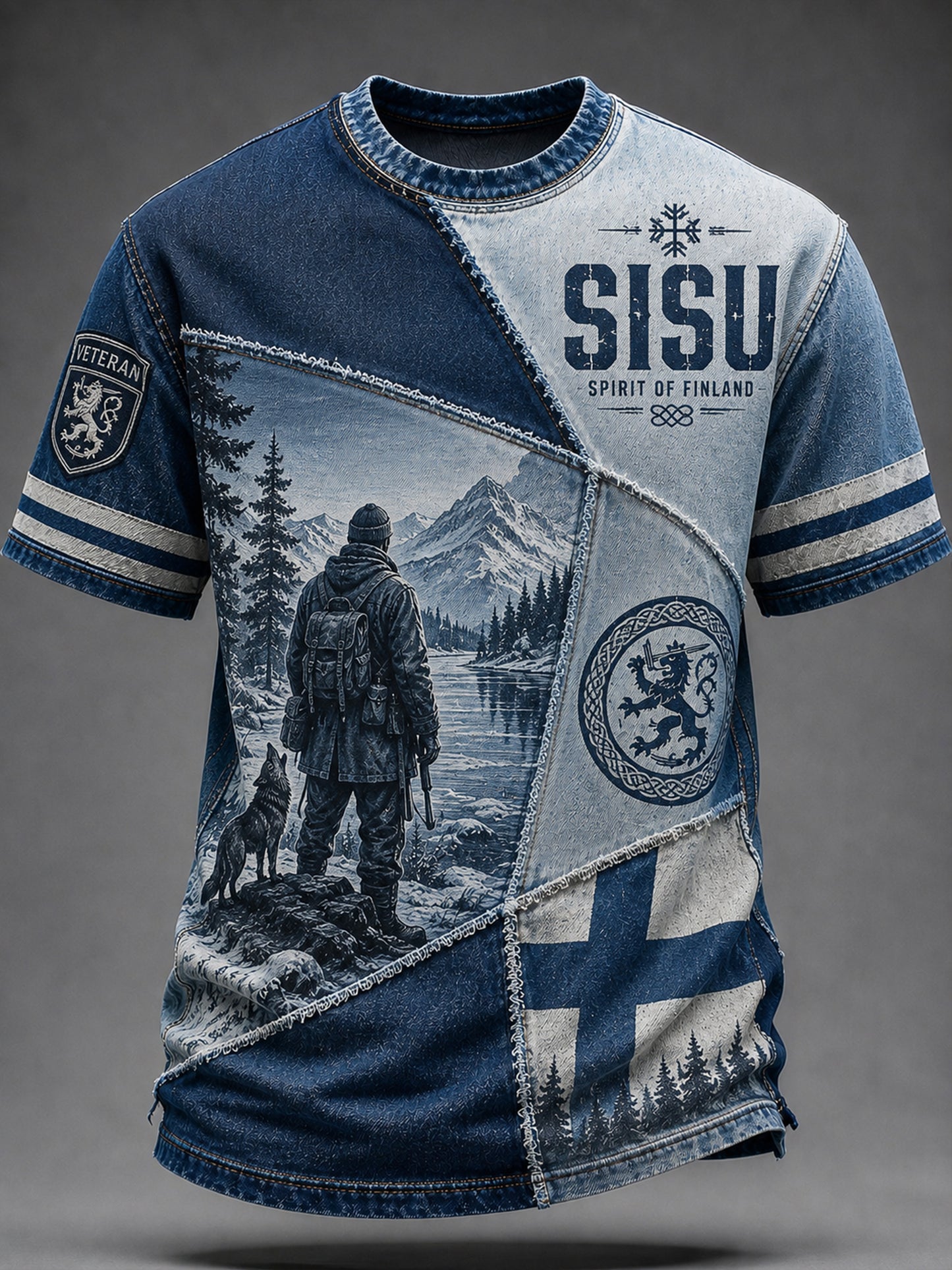Miesten Sisu isänmaallinen taide Print T-paita Esittää suomalaisia veteraani elementtejä