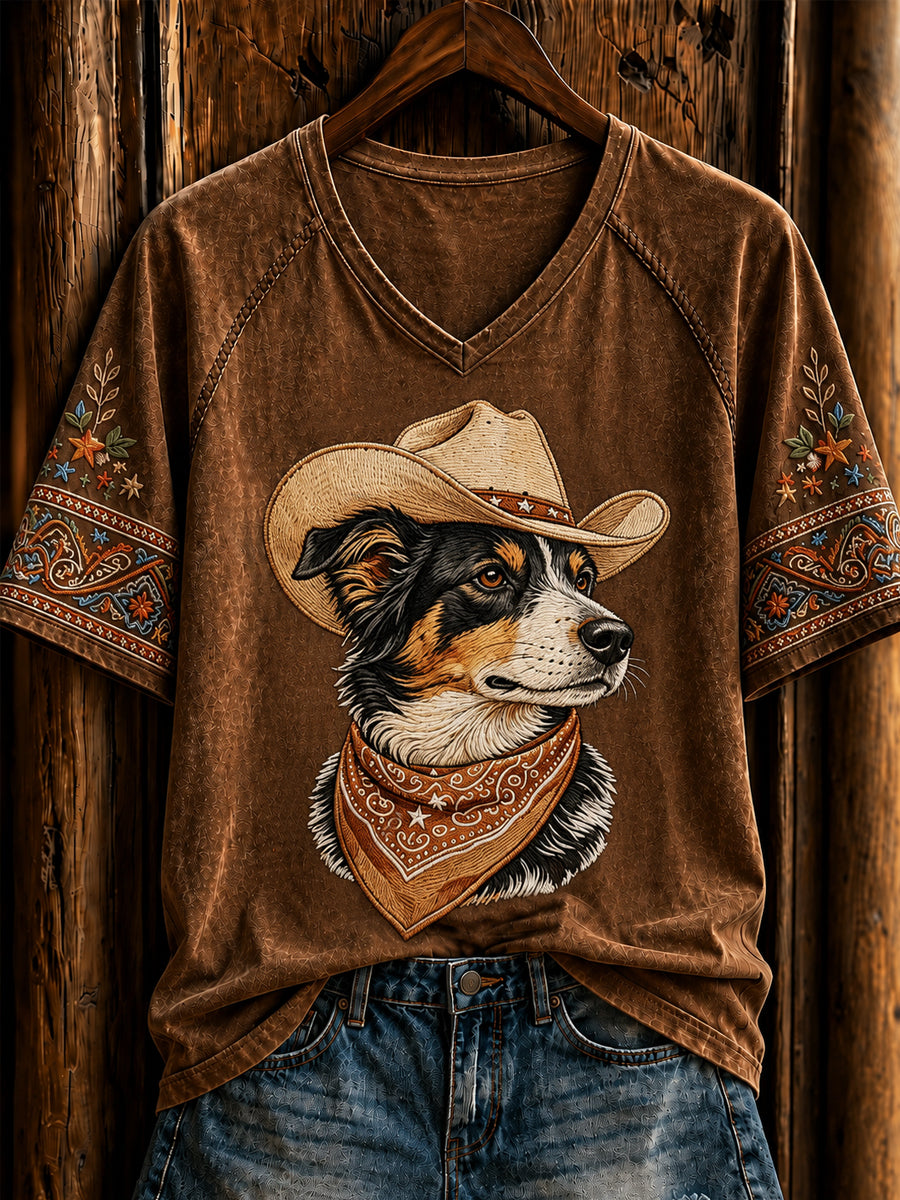 Naisten retro lännentyylinen cowboypaita koirakuosilla, lyhyillä hihoilla