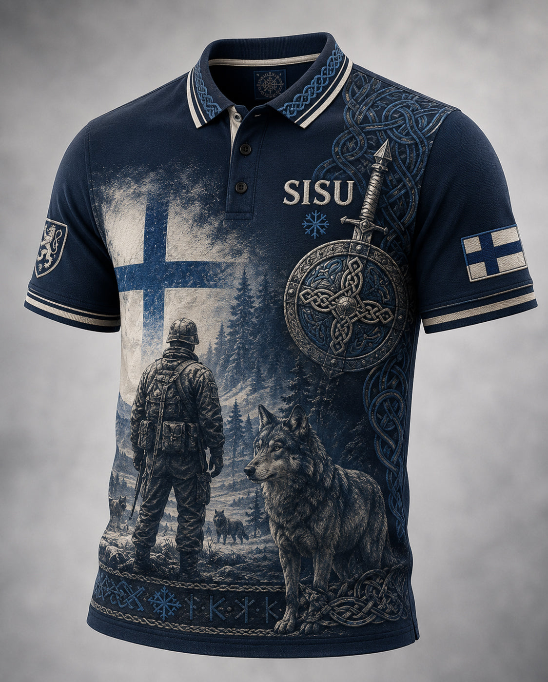 Miesten Sisu Polo taiteellisella painolla Suomen Veteran henki elementtejä