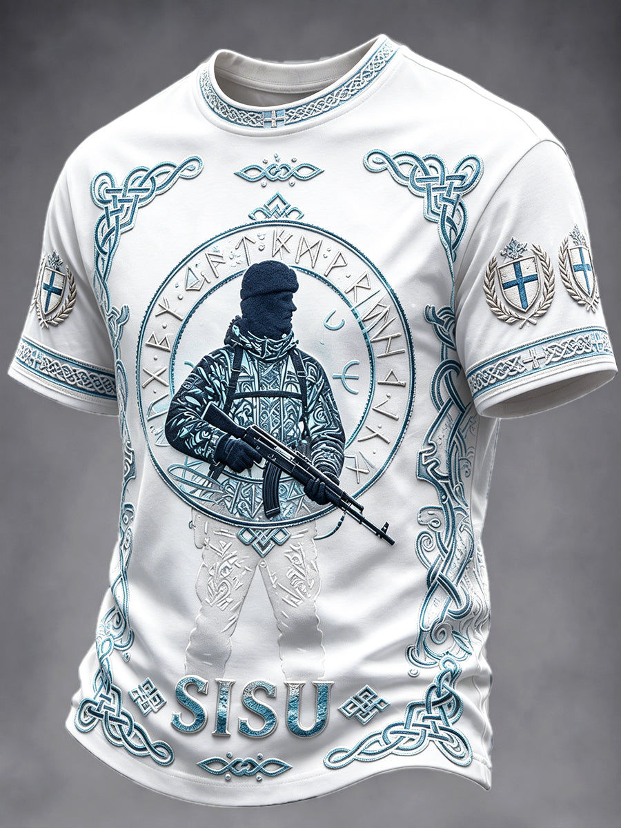 Miesten valkoinen suomalainen armeija Sisu Print Casual T-paito