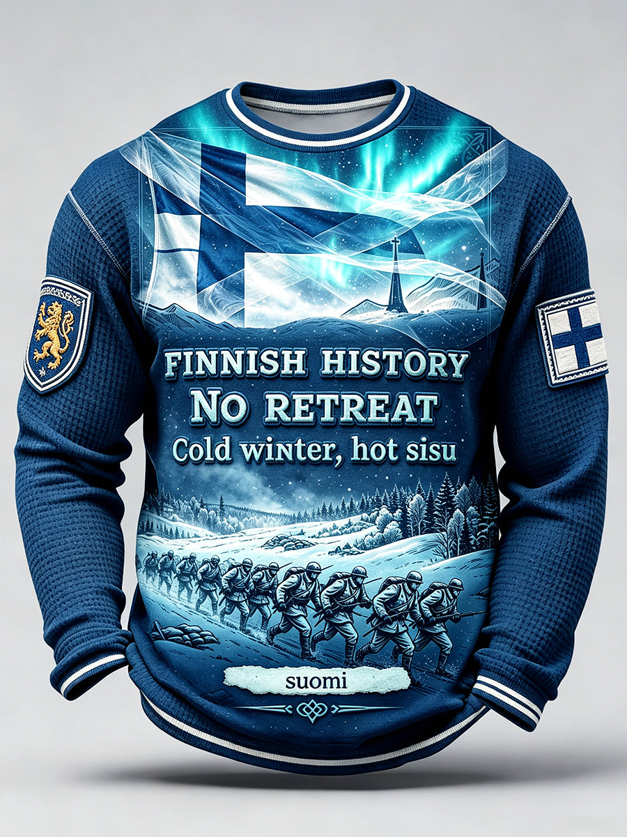Miesten sininen suomalainen sotilaallinen 'Sisu' Henki Print Casual LongSleeved T-paito