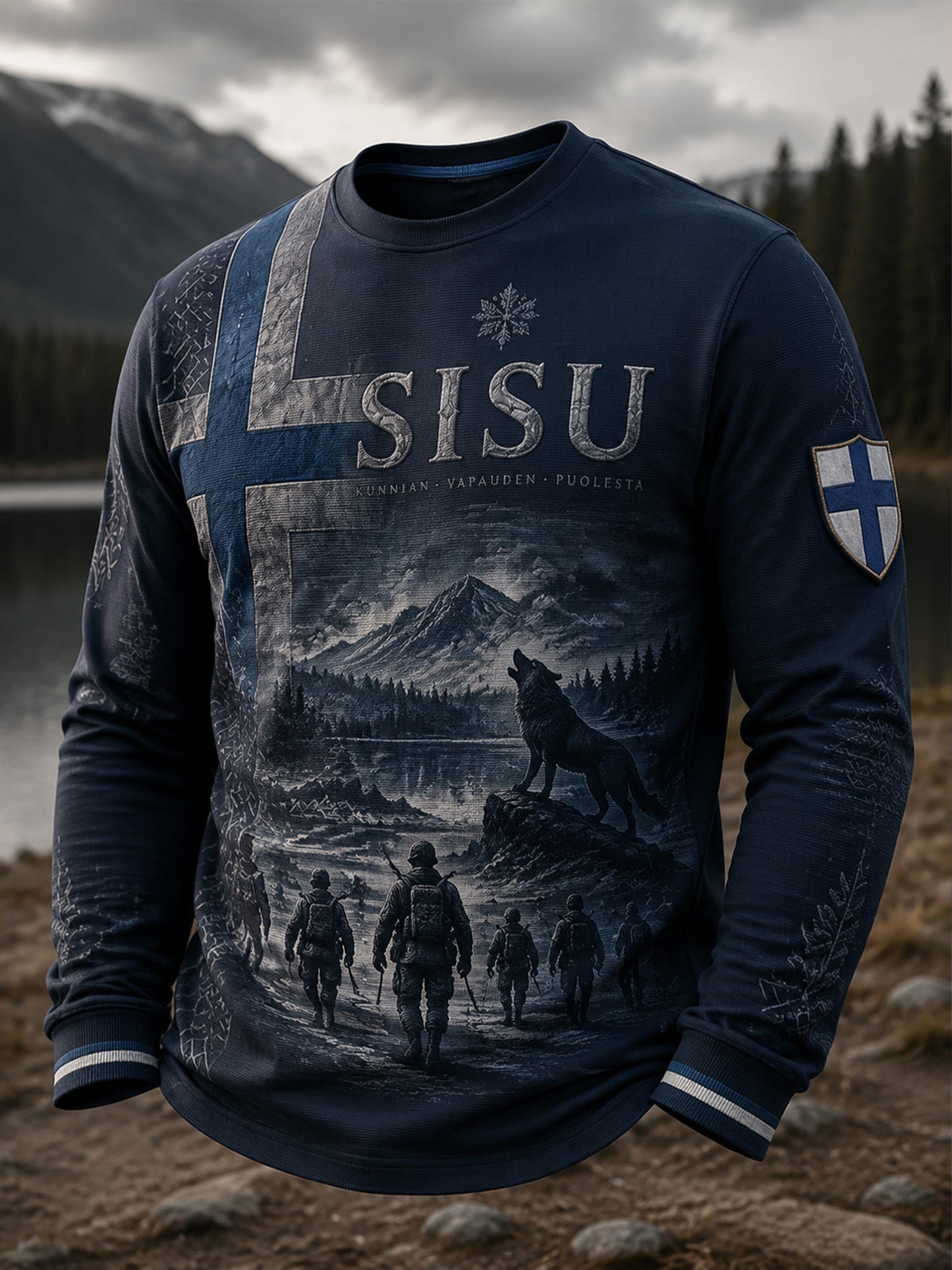 Miesten suomalainen veteraanien sisuhenki ja kulttuurielementit -taidepainatust-paida