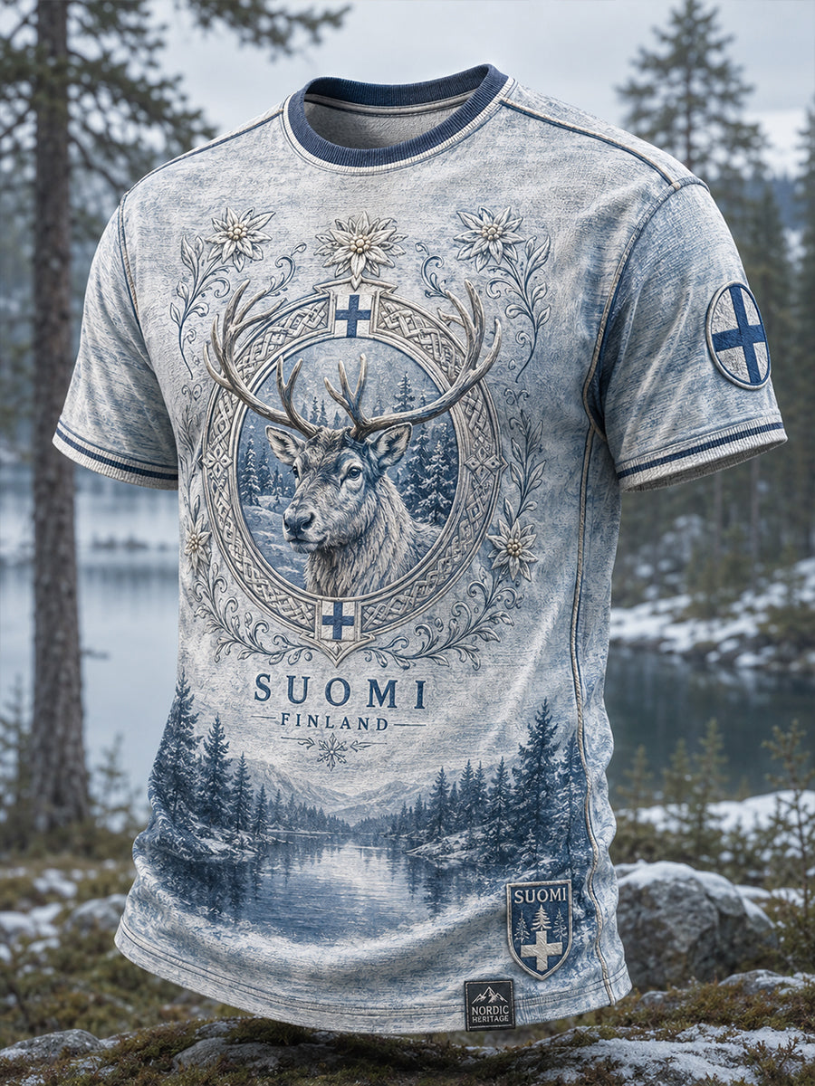 Miesten suomalainen arktinen poro-elementti taidepainatus rento t-paita