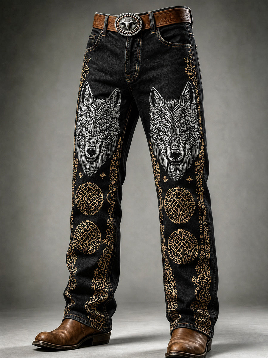 Miesten Retro Viking Wolf Art Print Casual WorWear housut
